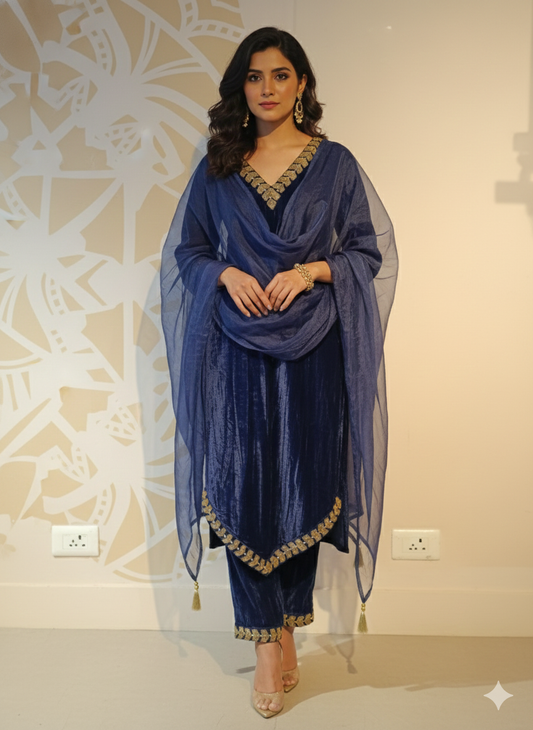 DH285-Royal Blue Velvet Three-Piece Suit with Embellished Dupatta