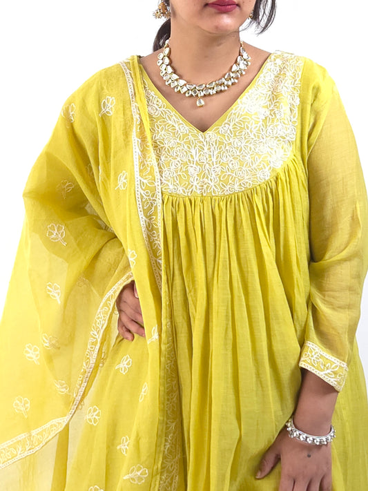 DH180-G-Lime Green Embroidered A line Set - Dharini's Store