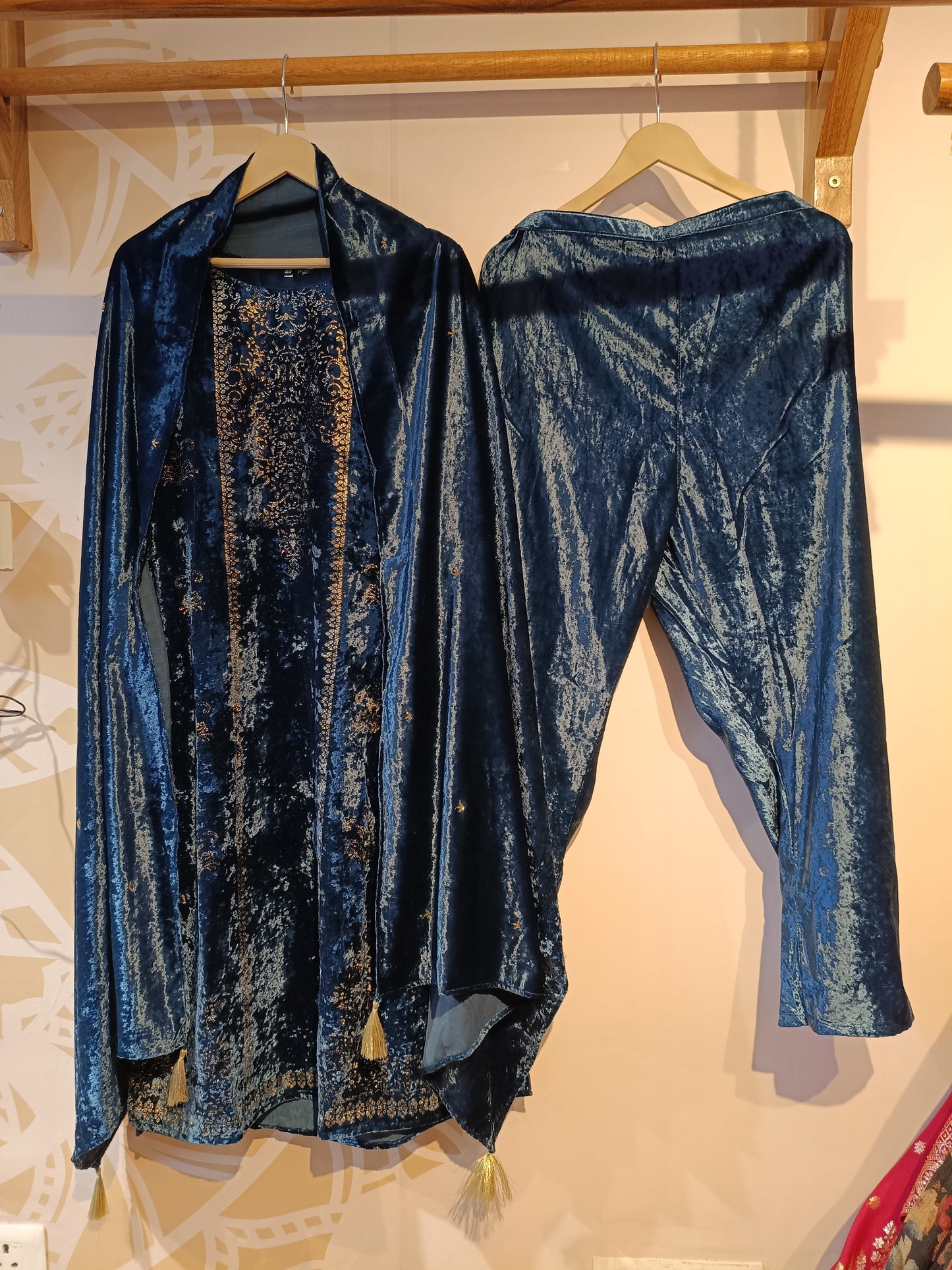 DH287-Teal Blue Velvet Three-Piece Suit with Intricate Gold Embroidery