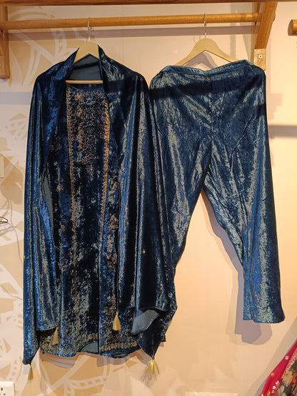 DH287-Teal Blue Velvet Three-Piece Suit with Intricate Gold Embroidery