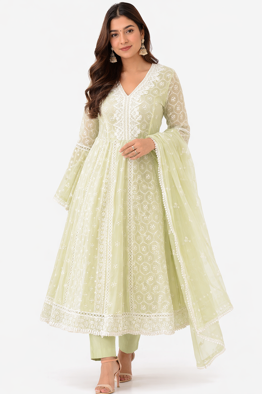 DH116G- Light Green Soft Cotton Anarkali For Women