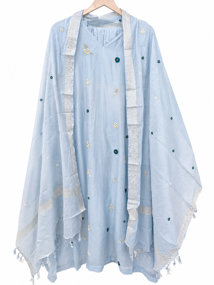 DH323-Sky Blue Mul Chanderi Embroidered A-Line Suit Set with Dupatta
