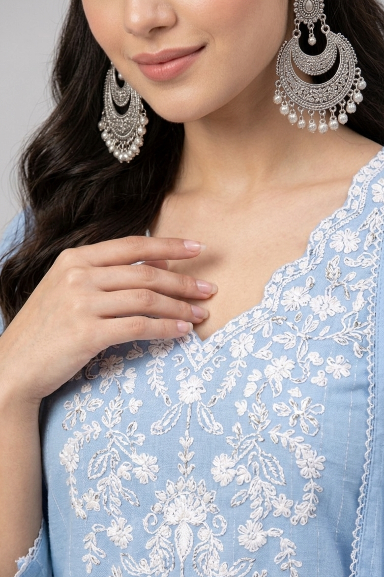 DH315-Elegant Sky Blue Embroidered Kurta Set with Dupatta