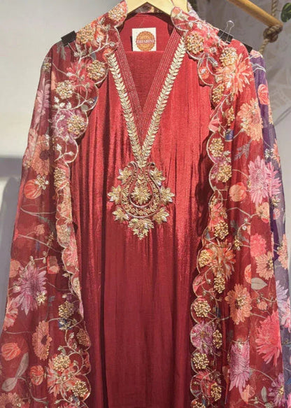 DH002R-Unstiched Cherry Red Silk Suit for Women with Floral Embroidery