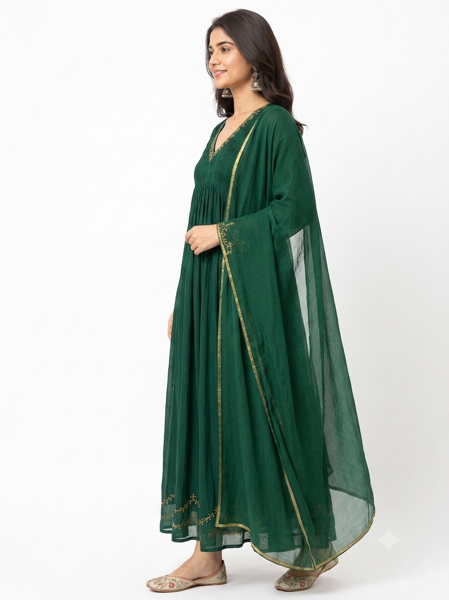 DH327-Emerald Green Mul Chanderi Embroidered A-Line Suit Set with Dupatta