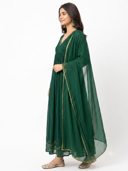 DH327-Emerald Green Mul Chanderi Embroidered A-Line Suit Set with Dupatta