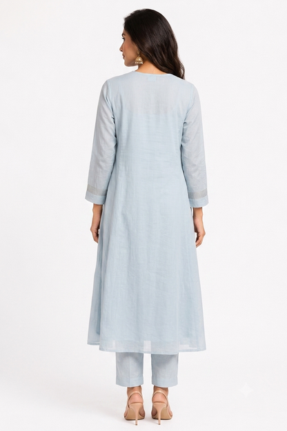 DH323-Sky Blue Mul Chanderi Embroidered A-Line Suit Set with Dupatta