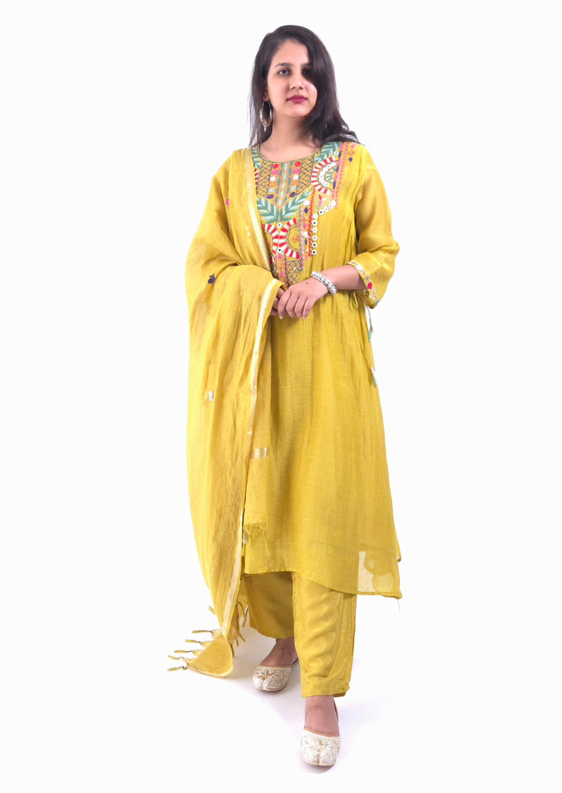 DH181-G-Elegant Mul Chanderi Suit with Hand Embroidered Neckline - Dharini's Store