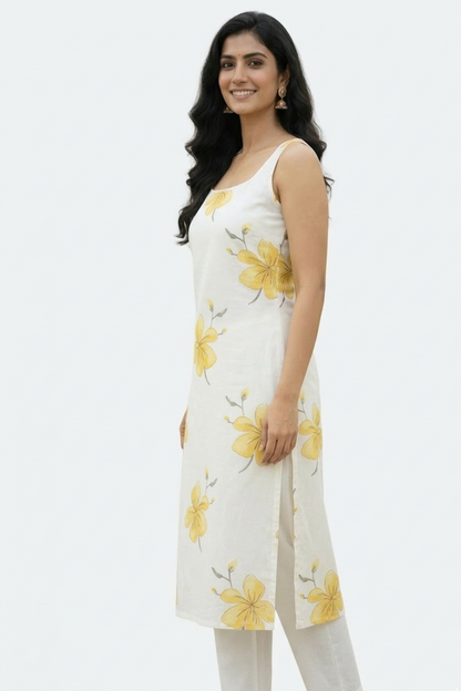 DH122W-White Dress with Yellow Floral Print & Dupatta