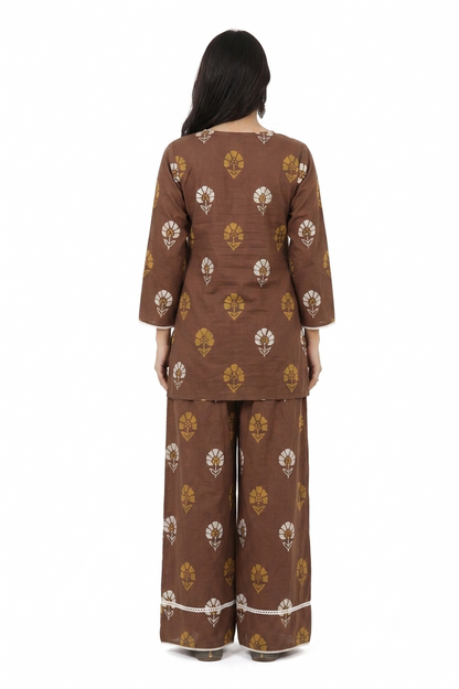 DH319-Women's Brown Cotton Printed Farshi Salwar Suit Set