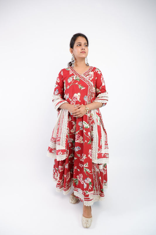 DH213-Graceful Red Floral Anarkali with Lace Detailing