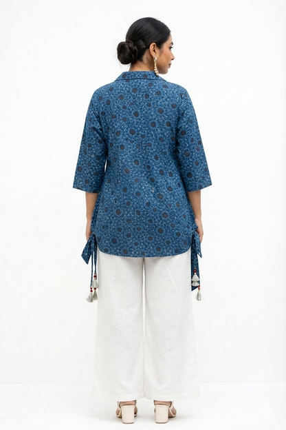 DH300-Blue Printed Cotton Kurti with White Palazzo Pants