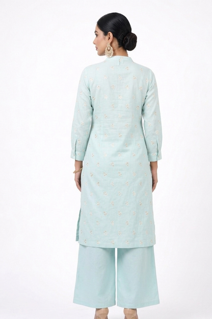 DH310-Elegant Pastel Blue Straight Kurti with Delicate Embroidery