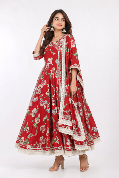 DH213-Graceful Red Floral Anarkali with Lace Detailing