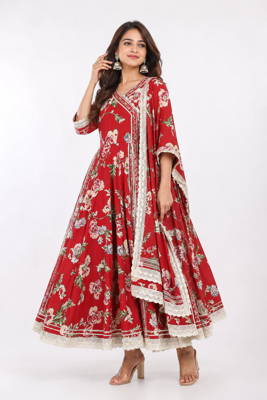 DH213-Graceful Red Floral Anarkali with Lace Detailing