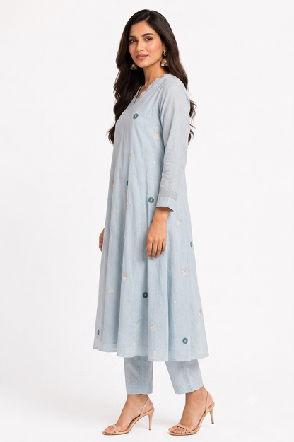 DH323-Sky Blue Mul Chanderi Embroidered A-Line Suit Set with Dupatta