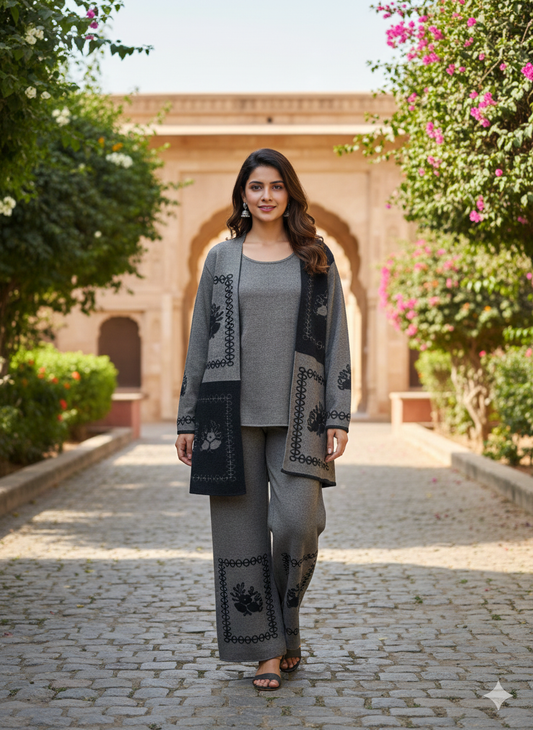 DH298-Grey Woolen Three-Piece Suit with Contemporary Printed Jacket