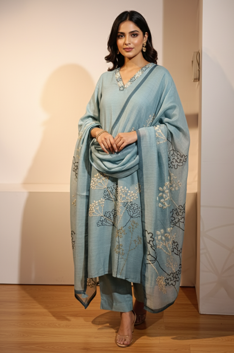 DH216-Pastel Teal With Delicate Floral embroidery