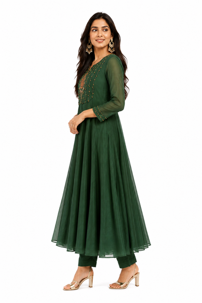 DH215-Emerald Green Anarkali Set with Intricate Embellishments