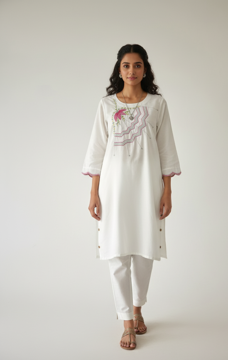 DH160W-White Kurta with Pink Umbrella Embroidery