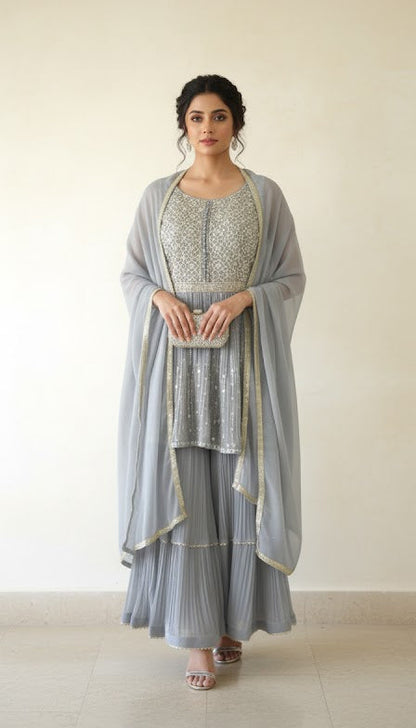 DH135G-Grey Embellished Gharara Suit
