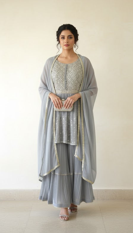 DH135G-Grey Embellished Gharara Suit
