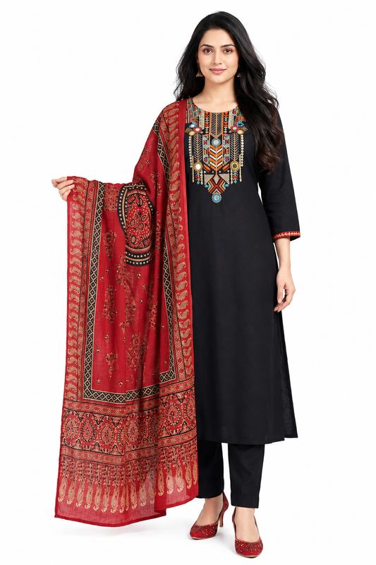 DH198- Striking Black Cotton Suit with Festive Yoke