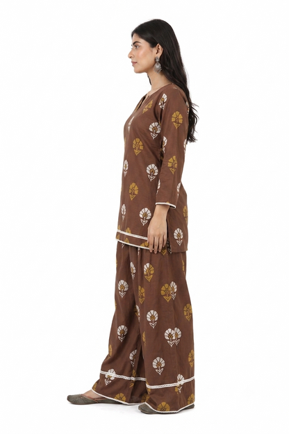 DH319-Women's Brown Cotton Printed Farshi Salwar Suit Set