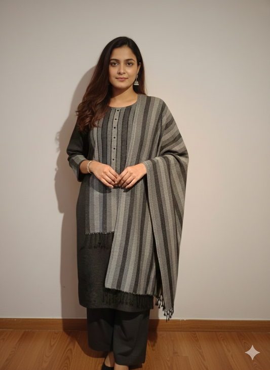 DH295-Grey Striped Woolen 3 Piece Suit Set with Shawl