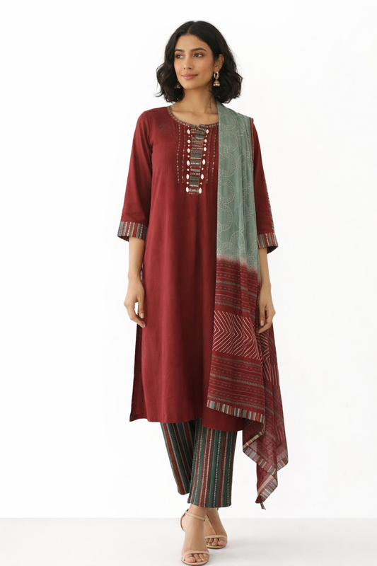 DH163R-Rust Maroon Mirror Work Suit Set