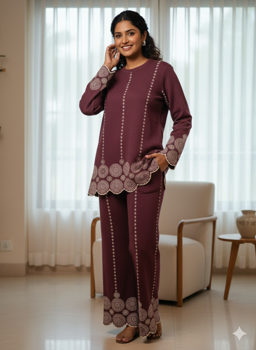 DH299-Maroon Woolen Two-Piece Suit with Printed Details