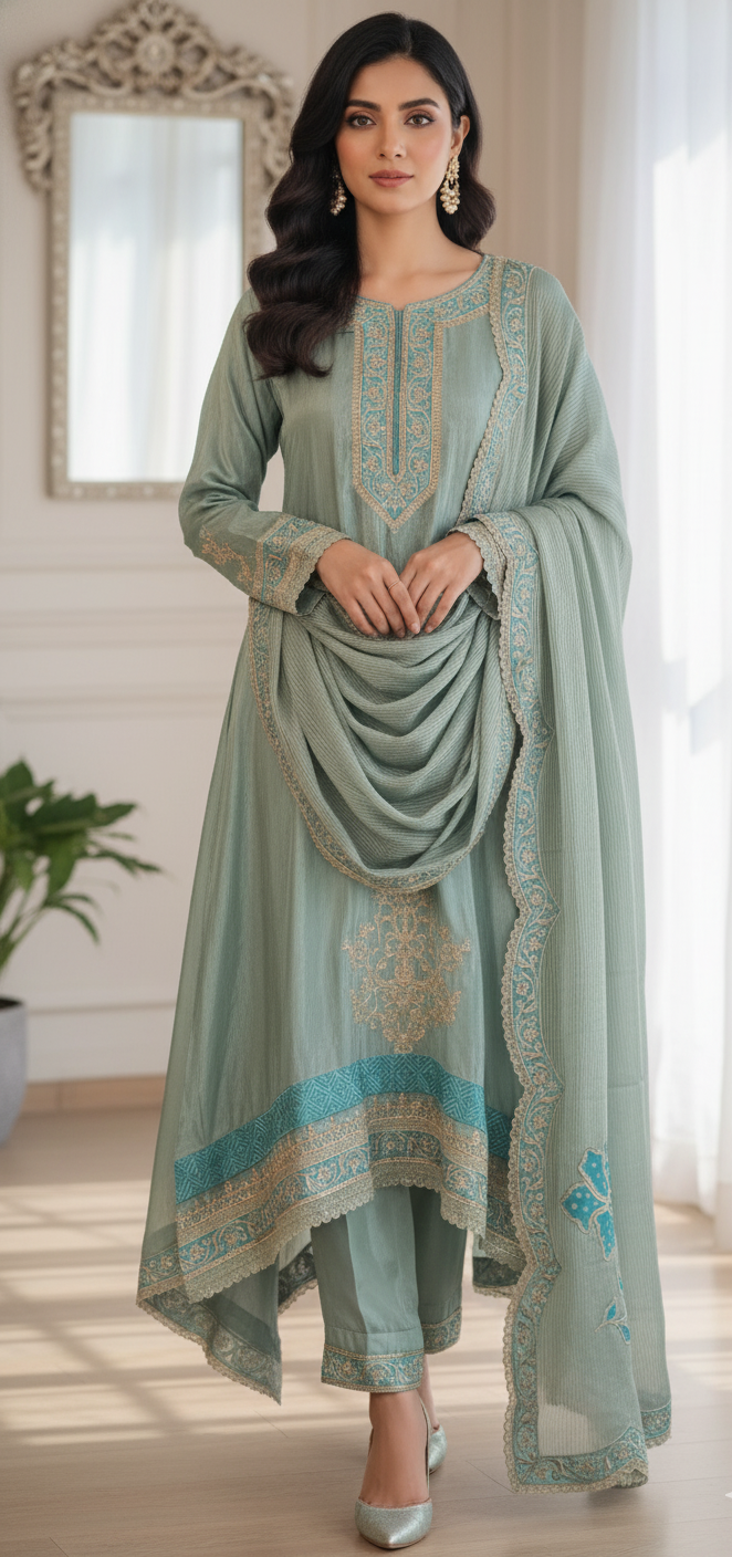 DHO51G- Beautiful Sea Green Pure Silk Suit