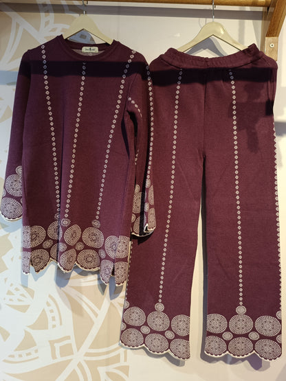 DH299-Maroon Woolen Two-Piece Suit with Printed Details