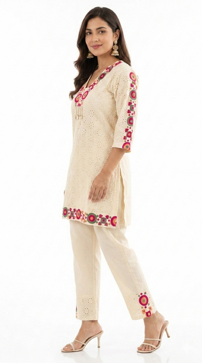 DH155W-Elegant Cream Cotton Embroidered Coord Set