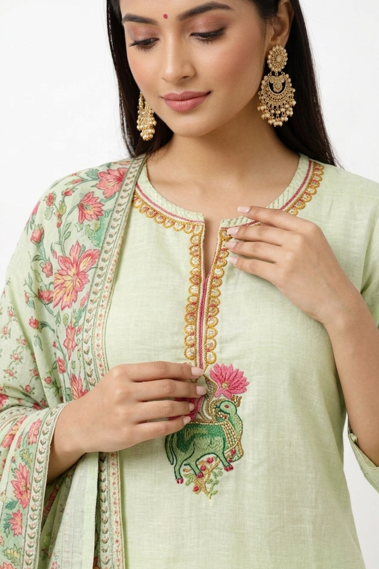 DH311-Graceful Pastel Green Floral Kurta Set with Printed Dupatta