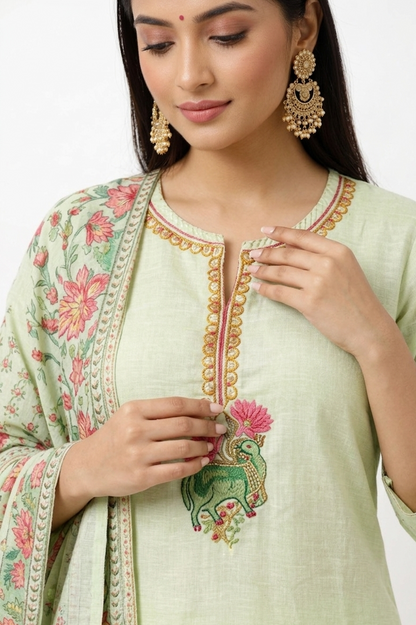 DH311-Graceful Pastel Green Floral Kurta Set with Printed Dupatta