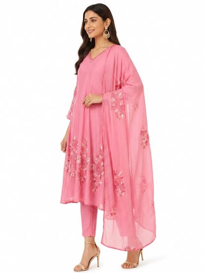 DH164P-Pink Mul Chanderi Kurta Set