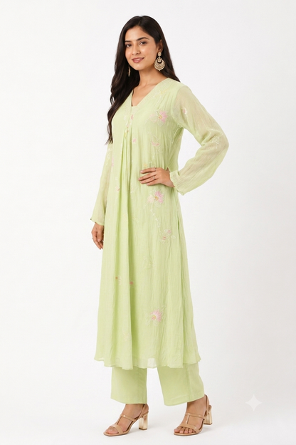 DH324-Pastel Green Mul Chanderi Embroidered A-Line Suit Set with Dupatta