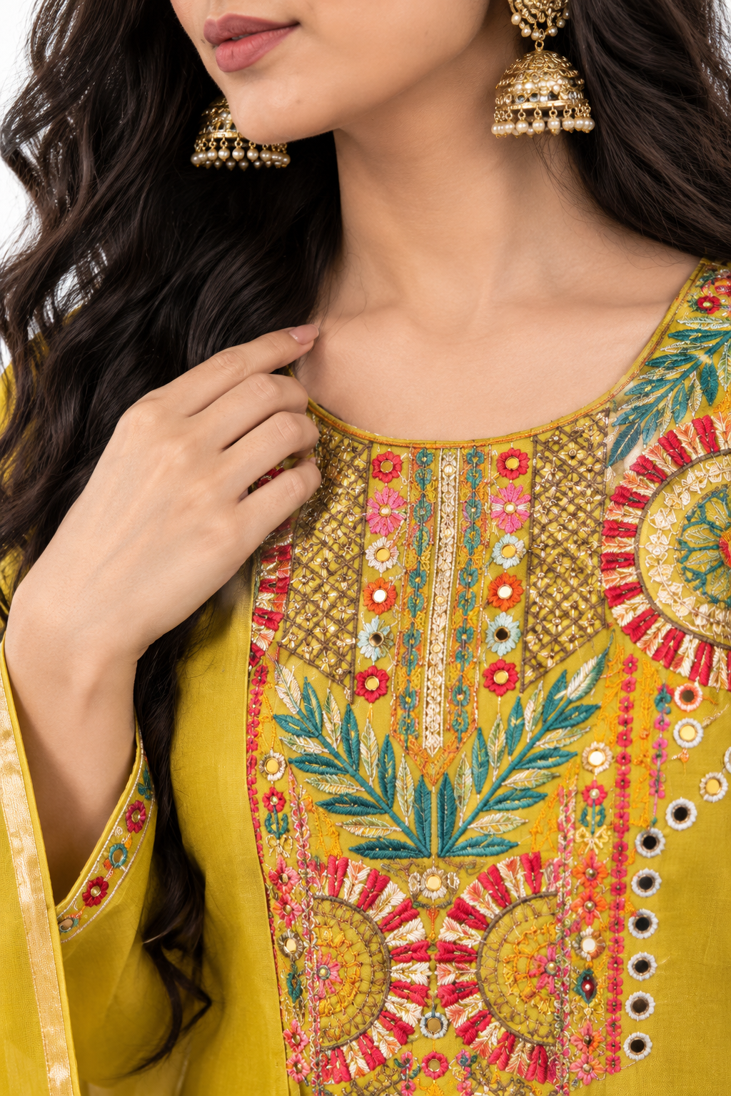 DH181G-Elegant Mul Chanderi Suit with Hand Embroidered Neckline
