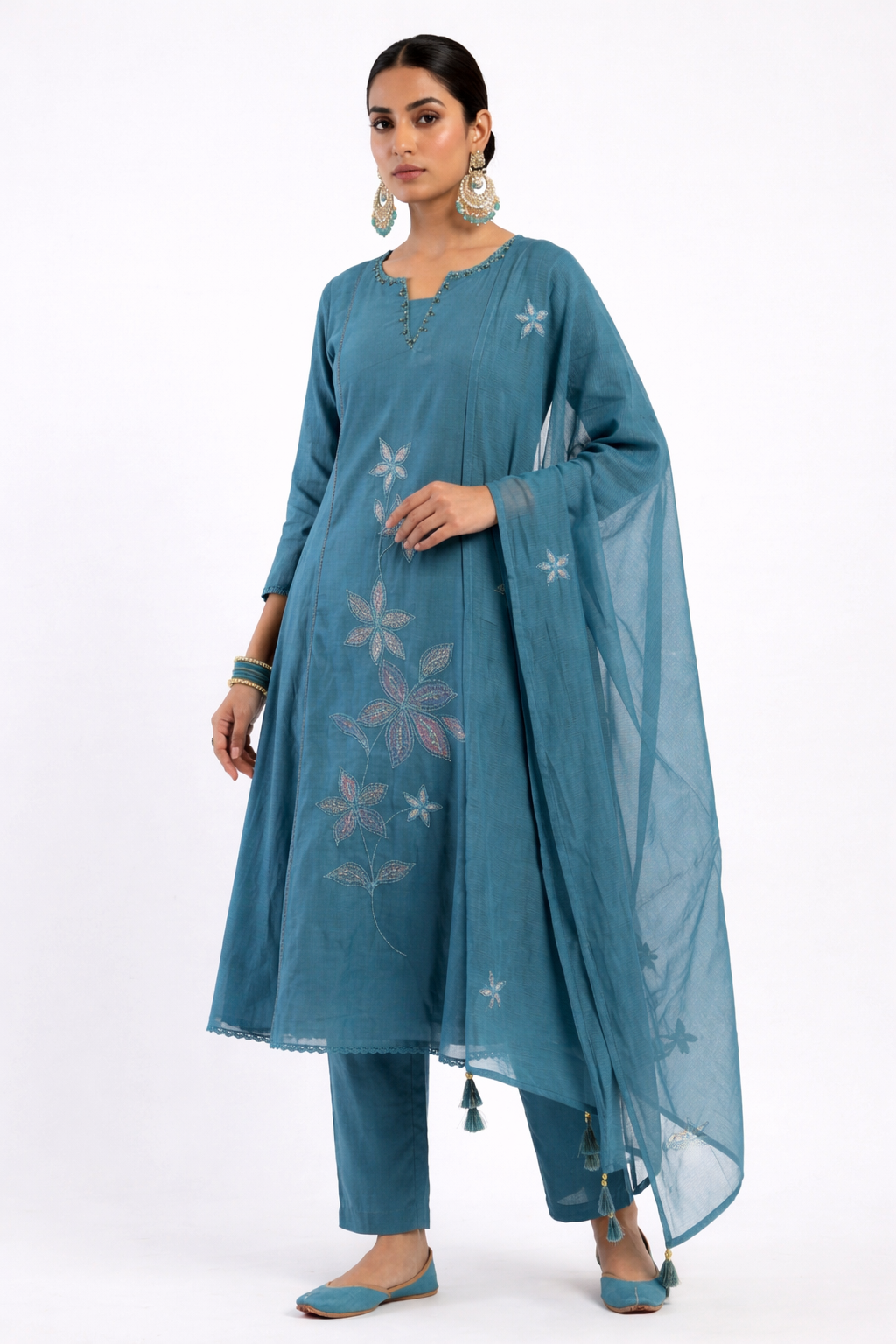 DH306-Elegant Teal Blue Embroidered Kurta Set with Dupatta