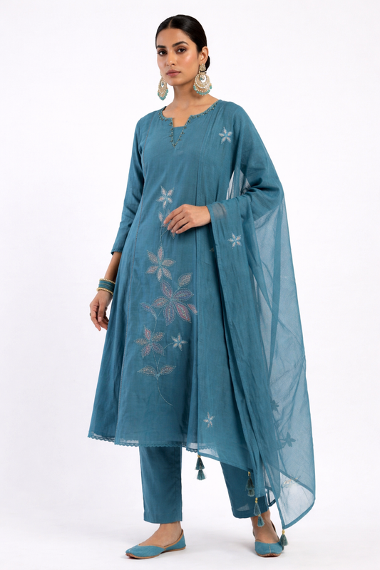 DH306-Elegant Teal Blue Embroidered Kurta Set with Dupatta
