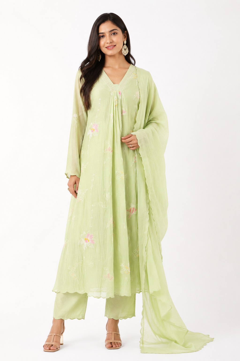 DH324-Pastel Green Mul Chanderi Embroidered A-Line Suit Set with Dupatta