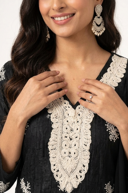 DH303-Elegant Black Embroidered Cotton Kurta set with White Lace V-Neck