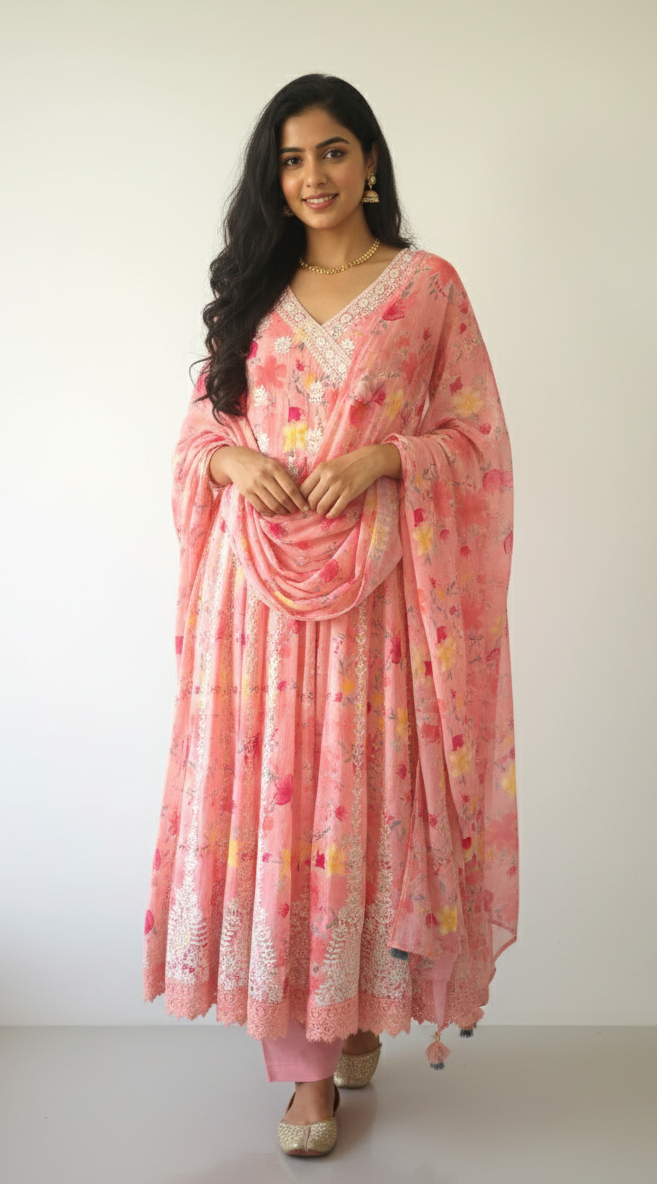 DHO101-P Our Pink Thread Work V Neck Anarkali Suit
