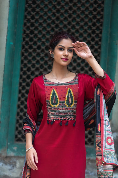 DH203-Red & Black Three Piece Muslin Cotton Red Suit Set