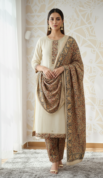 DH269-Ivory Chanderi Suit With Kashmir Print Dupatta