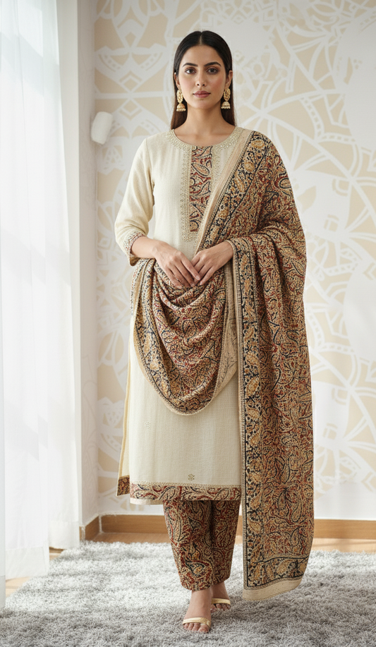 DH269-Ivory Chanderi Suit With Kashmir Print Dupatta