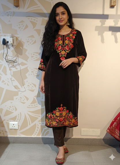 DH290-Elegant Brown Velvet Kurti with Multicolor Floral Embroidery