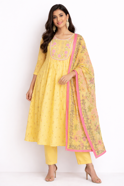 DH312-Bright Yellow Floral A-Line Kurta Set with Dupatta