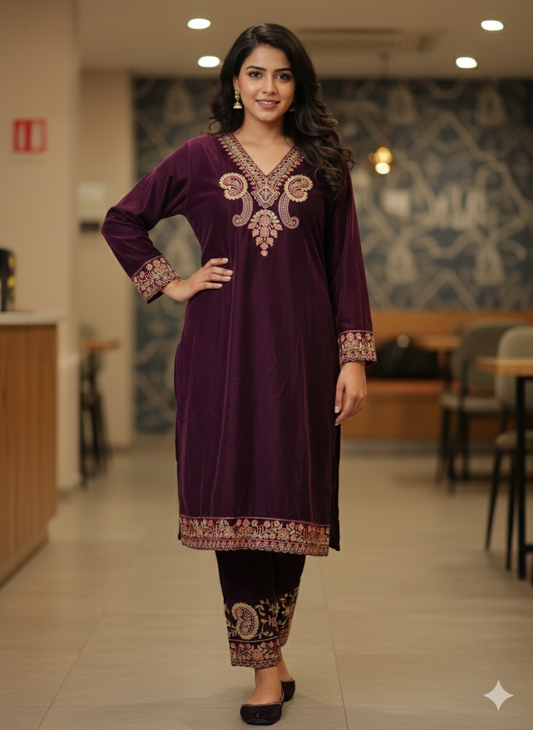 DH286-Premium Wine Velvet Two Piece Suit with Elegant Embroidery
